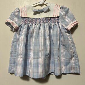 Polly Flinders infant babydoll dress 12 months blue plaid  Peter Pan collar